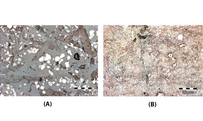 Figure 4 - Microstructure of EAF slag before (A) and after (B) melt-quench treatment in a graphite furnace.