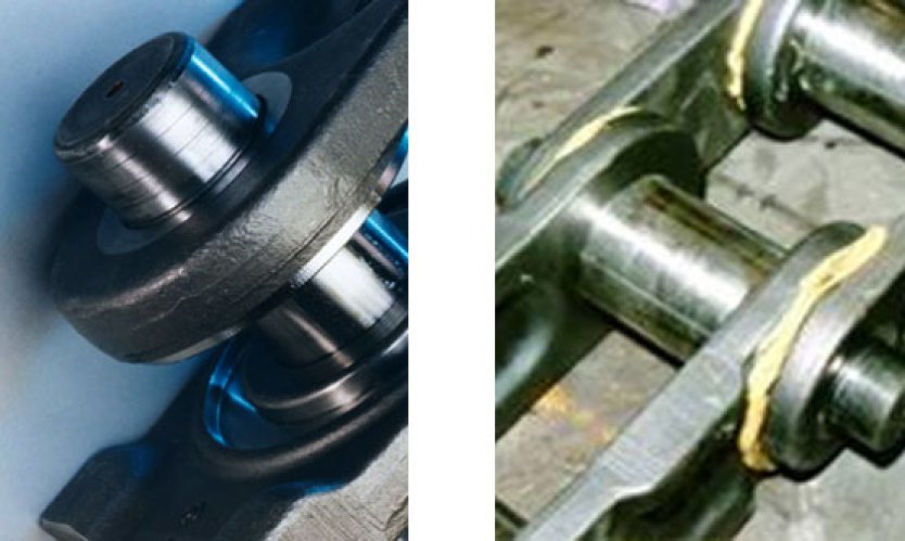 Right: Chain pre-lubrication. Left: Chain pin/bush labyrinth seal.