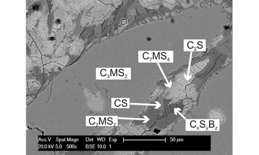Figure 3: Microstructure of a slowly cooled CaO-SiO2-MgO slag (1.33 C/S, 10% by wt. MgO) with 1.8% by wt. B2O3