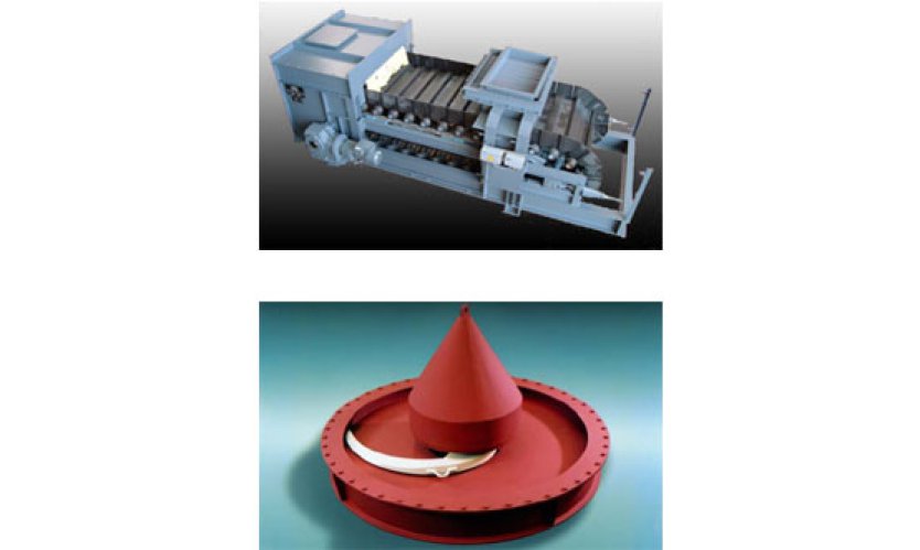 Top: Aumund's KZB weigh pan feeder. Bottom: The Centrex sweep arm silo discharger.