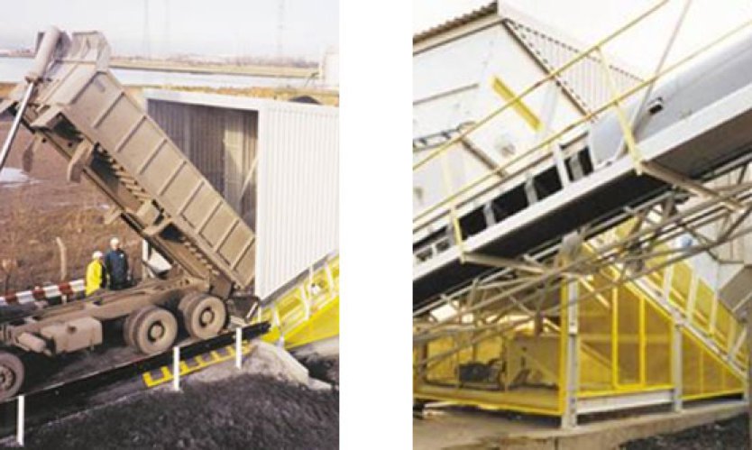 Left: Raw slag intake to a crushing plant. Right: raw slag transfer by belt conveyor.