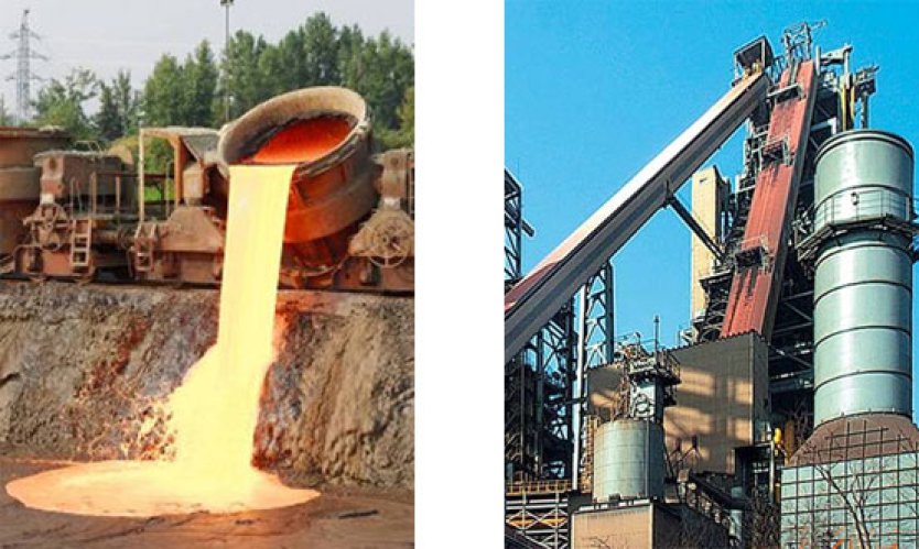 Left: Tipping of molten slag from the iron and steel industries. Right: Hot material transport, a specialty of Aumund.