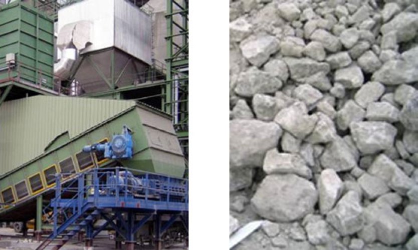 Left: Aumund's integrated feeder and primary sizer. Right: Lumpy material before sizing.