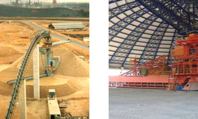 Left: Circular storage and reclaim for slag. Right: Circular storage with a bridge reclaimer.